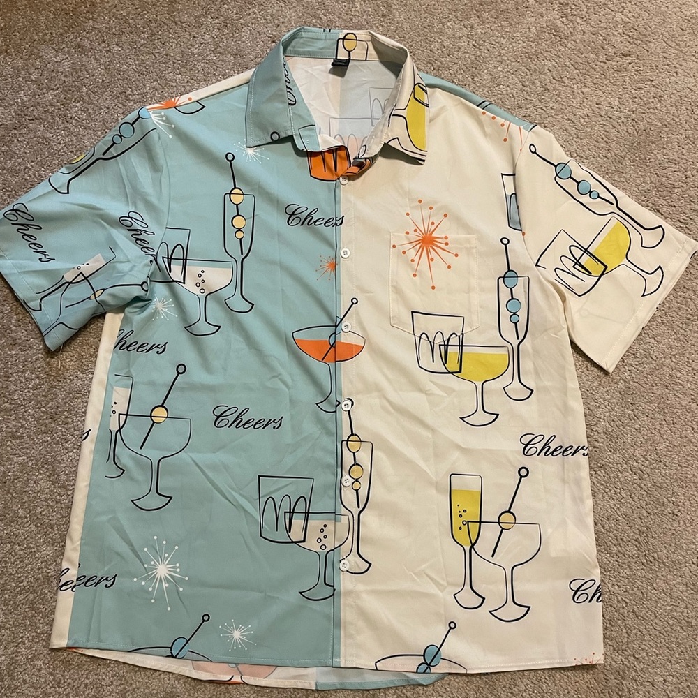 CHEERS Martini Champagne Cocktail Button Up Down Polyester Short Sleeve M/W Sz M